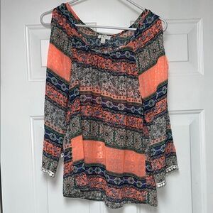 Charming Charlie Orange and Blue Patterned Blouse